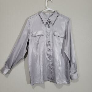 Vintage Blouse Marsh Landing Women L Silver Satin Long Sleeve Button Down Party